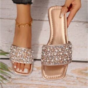 Pearl Rhinestone Studded Slip On Sandals